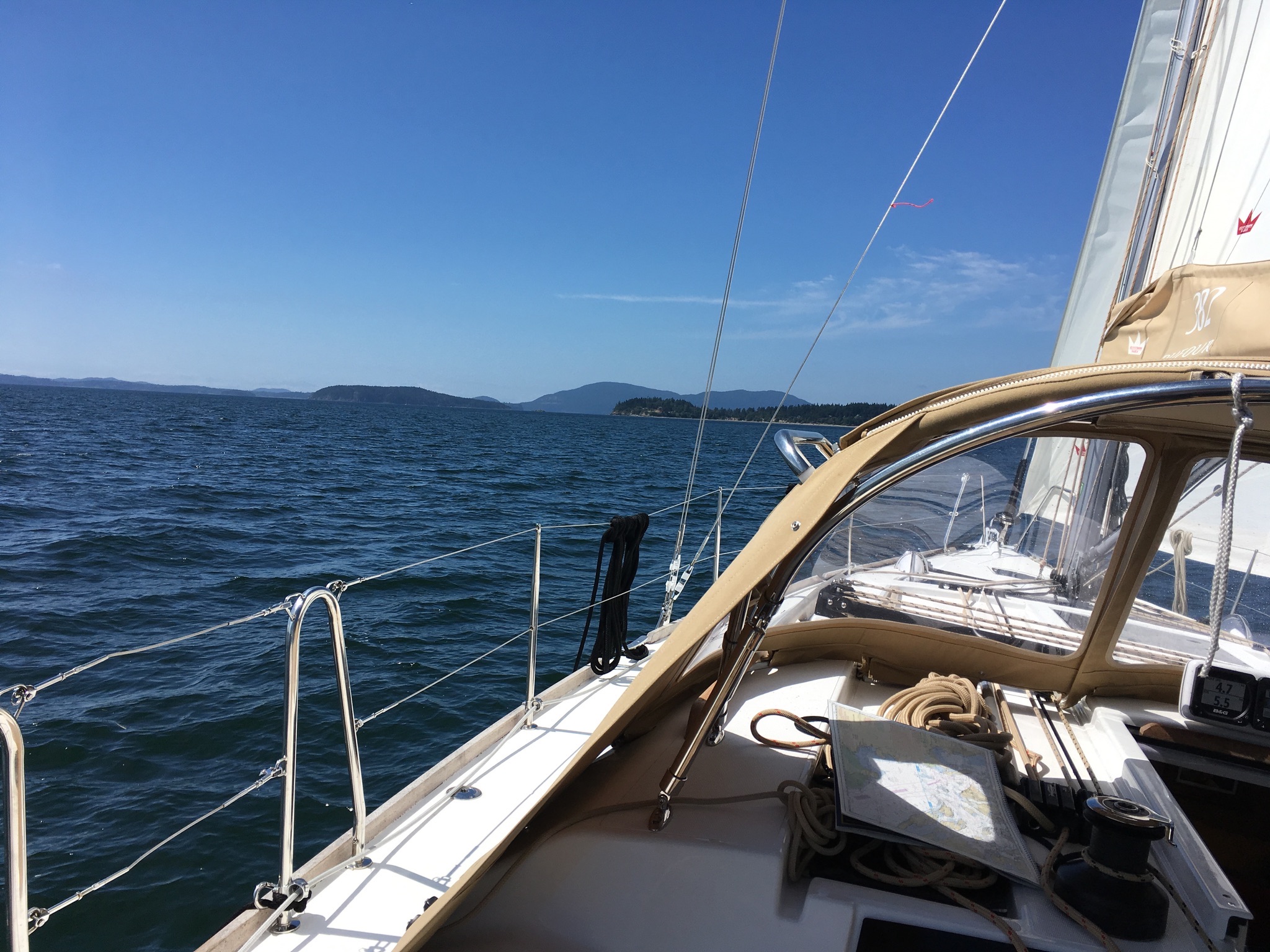 A view forward from the cockpit while sailing.